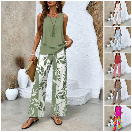 Dames Trendy Print 2-delige Outfits Mouwloze Topp & Broek