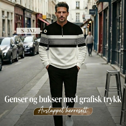 🌿👬Herresett med grafisk trykk, genser og bukser