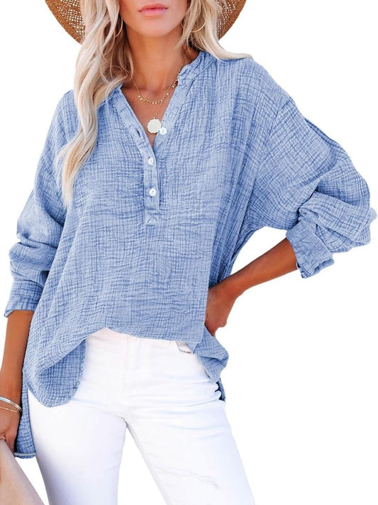 ⏰🎁Damebluse med lange ermer og knapper i casualstil