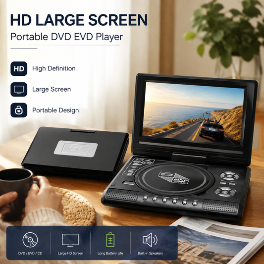 📺 Bærbar DVD-spiller med 7,8" HD-skjerm – spiller DVD, CD, USB og SD. Oppladbar, kompakt og lett – perfekt til bil, camping og filmkvelder! 🚗🍿