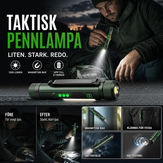 💥 50% rabatt! 🔦 Pennformet arbeidslampe i aluminium – 600 lumen, 100 m rekkevidde. Doble brytere, 7 lysmoduser, sterk magnetisk sugeevne 🧲