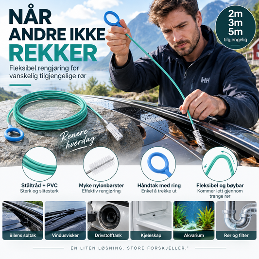 🚗 Fleksibel drensrensebørste – 2/3/5 m, nylonbust, stålwire. Renser soltak, drivstofftank og kjøleskap – enkel og skånsom! 🛠️✨