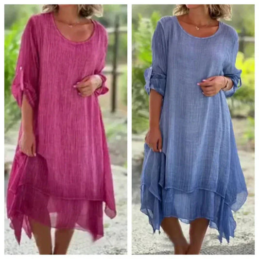 🌼Siste dagssalg 49% OFF🌼Damekjole i elegant ensfarget rund hals med løs passform