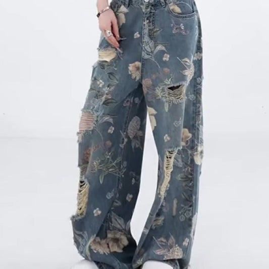 Løse revnede denim jeans med vide ben til dame