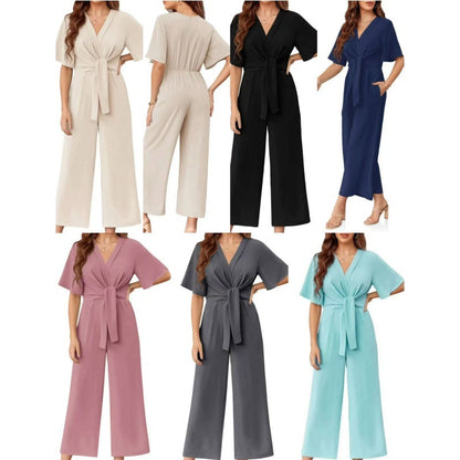 ⏰🎁Elegant V-hals jumpsuit med vid midje og slips for kvinner