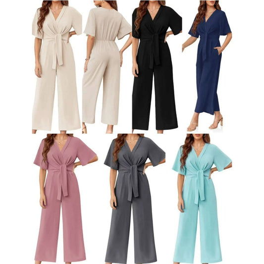 ⏰🎁Elegant V-hals jumpsuit med vid midje og slips for kvinner