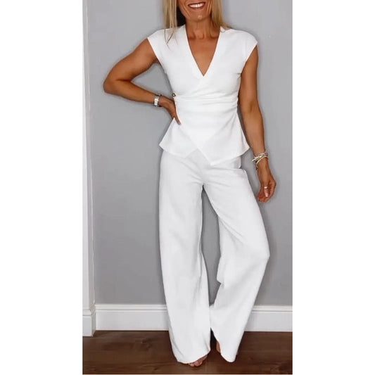 💖Elegant set med topp och byxor med V-ringning för kvinnor🌸