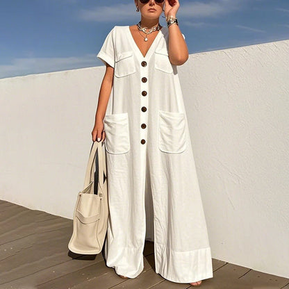 Moteriktig løs jumpsuit med V-hals for kvinner
