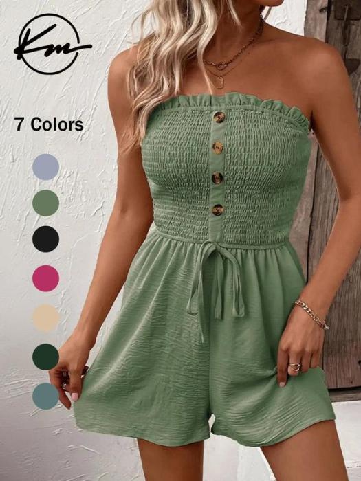 Kvinne jumpsuit med falske knapper og volangkant, rynket og vid ben