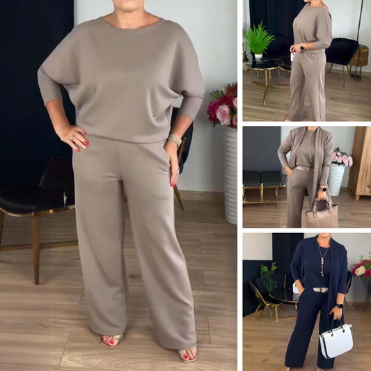 Elegant 3-delt sett: lang cardigan, topp og bukse