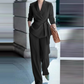 Elegant dress-sett til dame: Blazer med knytebelte og bukse med vide ben