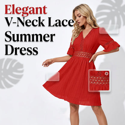 ⏰🎁Elegant kjole med V-hals og blondedetaljer