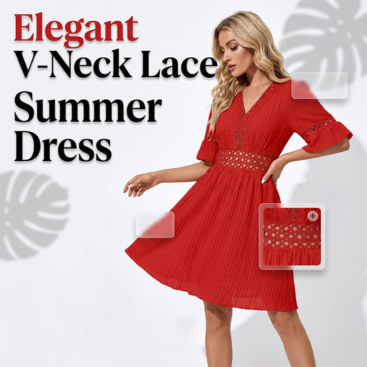 ⏰🎁Elegant kjole med V-hals og blondedetaljer