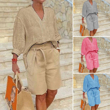 🎁⏰Dame Casual Todelt Sett med V-hals Topp og Shorts