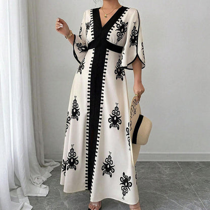 👗Elegant maxi-kjole med V-hals og mønster for kvinner