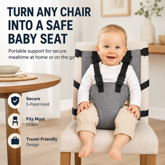 🧸 Barnesete-sele med 5-punkts feste – hindrer at barnet glir eller lener seg ut. Sammenleggbar, lett å ta med – perfekt til reiser og restauranter! ✈️🛡️