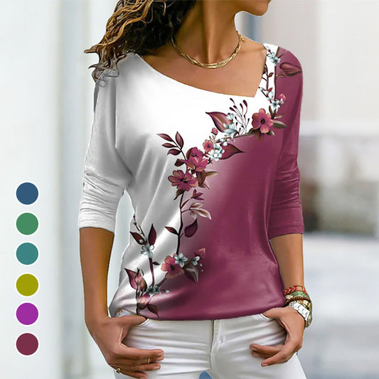 Kvinners V-hals blomstret fargeblokk langermet T-skjorte